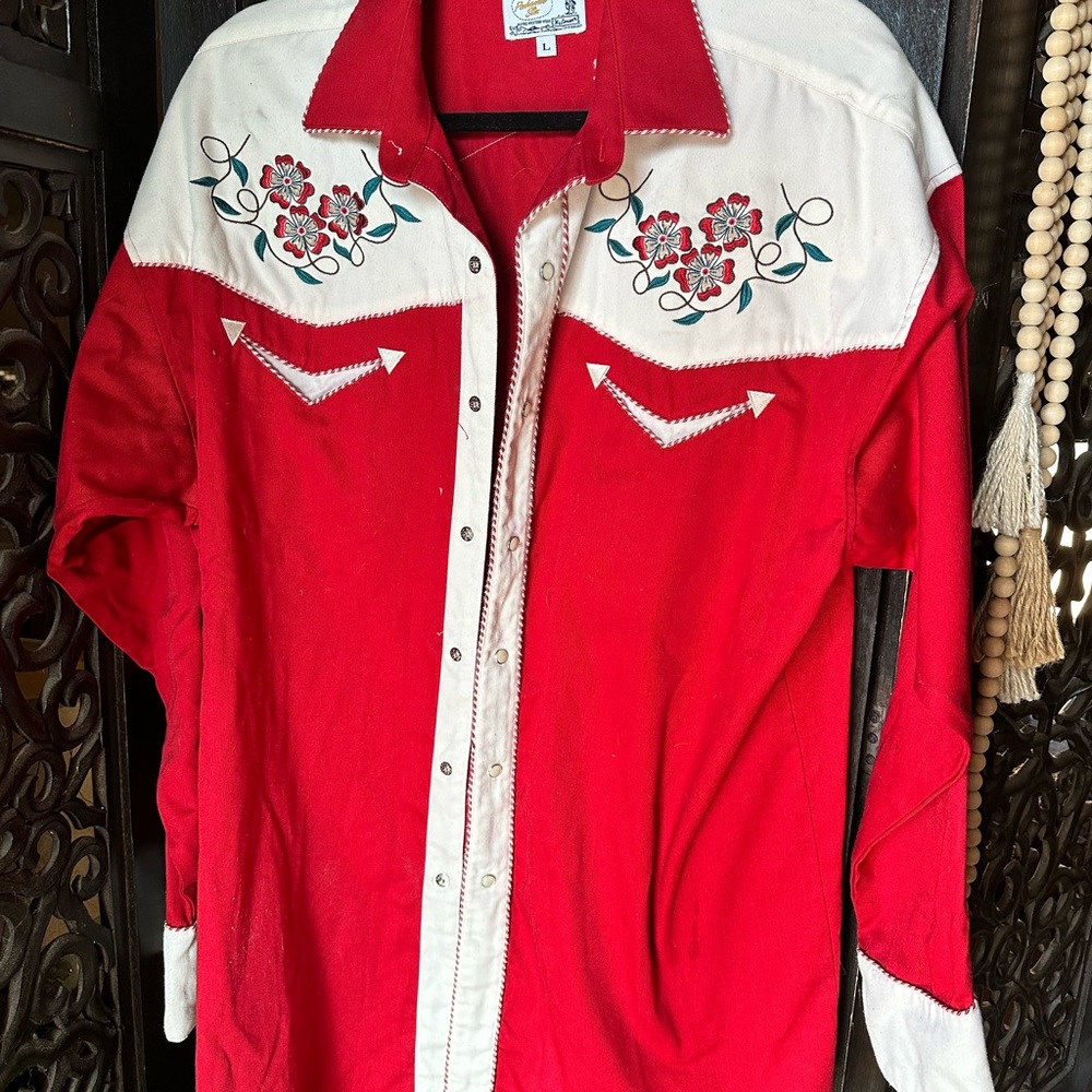 Red and White Embroidered Western Shirt